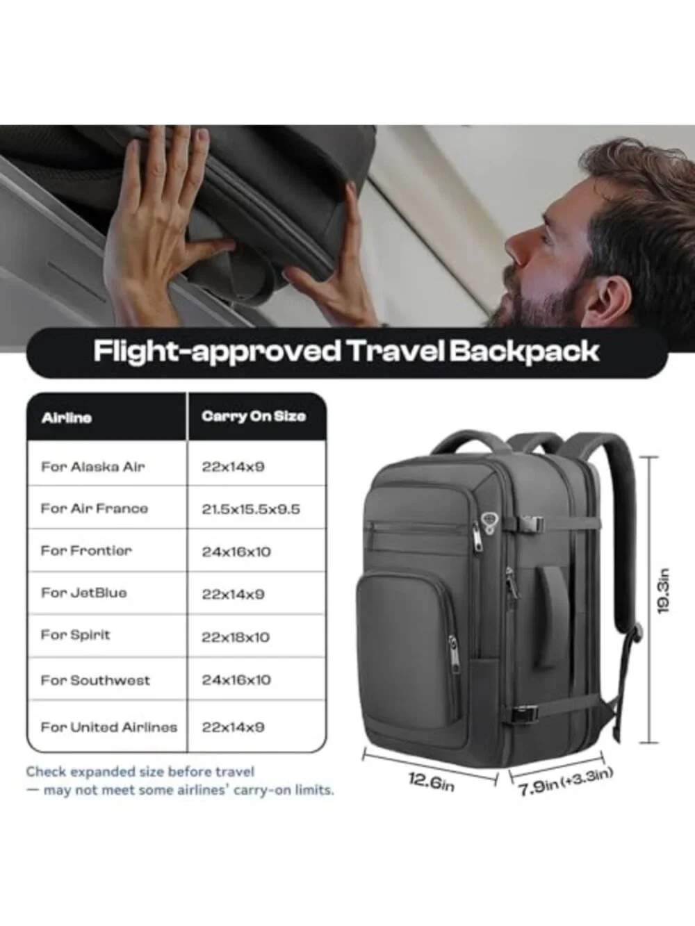 Spacious Expandable Travel Backpack 40L-50L for 17.3